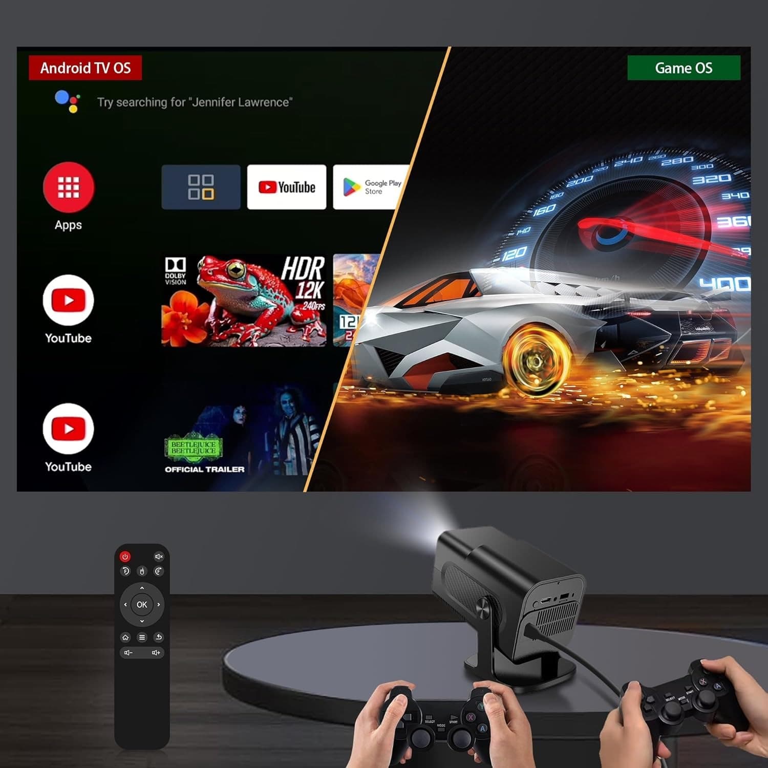 HY320 Android 2 In 1 Gaming Projector 2+32GB Android 14 1080P FHD 4K Support view 2