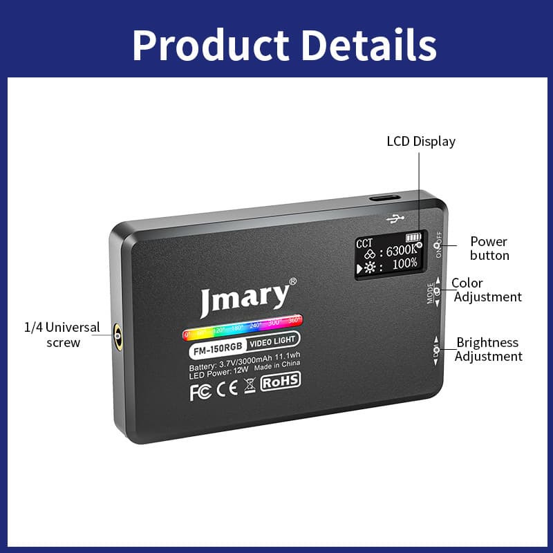 JMARY FM-150 RGB Photography Fill Light – RGB LED Video Light, 2500K-9000K Adjustable, 20 Lighting Effects, 120 LED Beads, Rechargeable 3000mAh Battery for YouTube, Live Streaming & Studio view 4