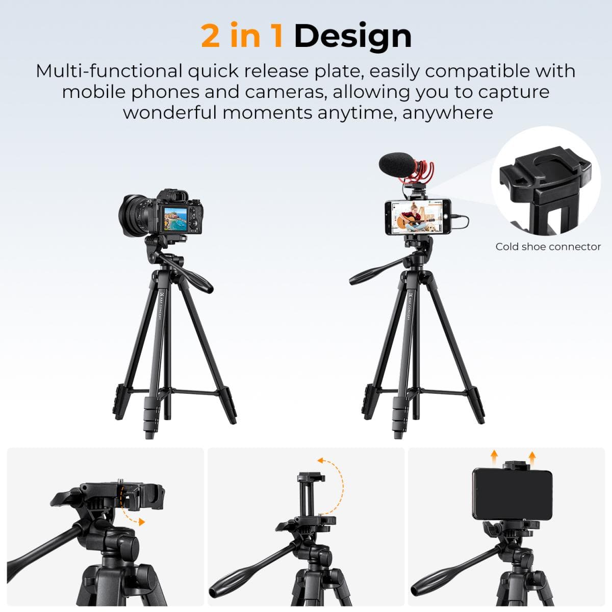 K&F Concept KF09.125 59.4”/1.5 m Aluminum Travel Tripod With Bluetooth Remote view 2