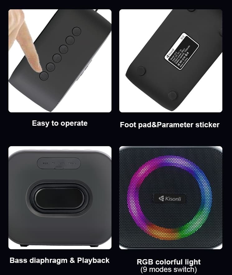 Kisonli S12 Bluetooth Speaker With RGB Light Portable Wireless Speaker AUX/TF Card/U Disk/USB view 4