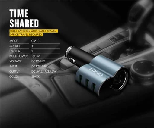 LDNIO CM11 3 Ports Universal Mobile Phone 5.1A Car-Charger Power Adapter With Cigarette Lighter Socket view 3