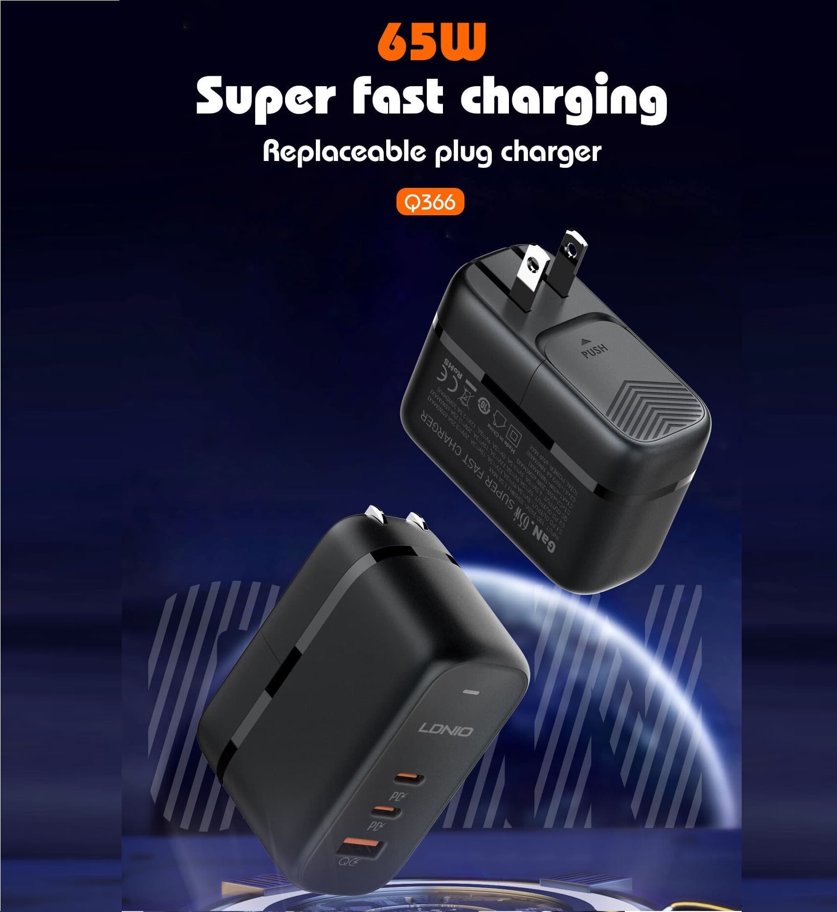 LDNIO Q366 65W GaN Charger With EU US UK Plug Travel adapter view 1