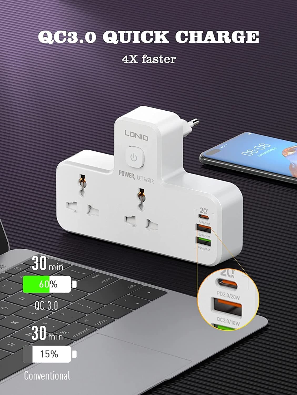 LDNIO SC2311 PD 20W 3 Port USB Charger Extension Power Strip view 3