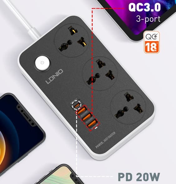 LDNIO SC3412 3 AC Outlets Universal Power Strip Multiplug view 2