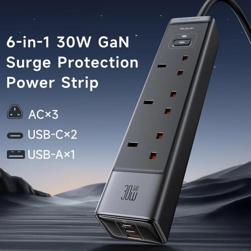 MCDODO CH0600 UK Plug 6-in-1 30W GaN Surge Protection Power Strip (3 AC + 2 USB-C + 1 USB-A) view 5