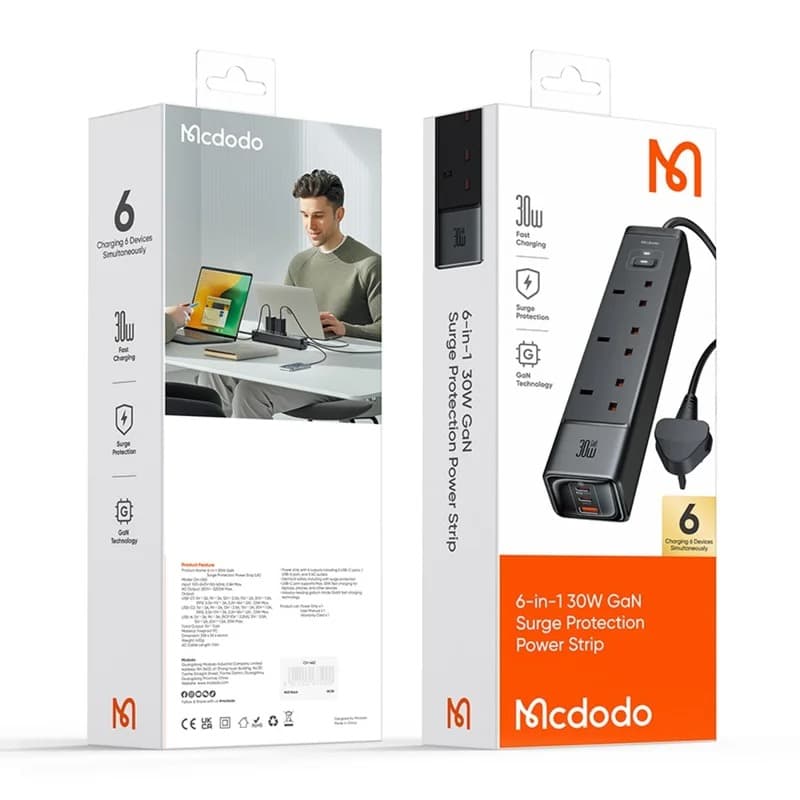 MCDODO CH0600 UK Plug 6-in-1 30W GaN Surge Protection Power Strip (3 AC + 2 USB-C + 1 USB-A) view 6