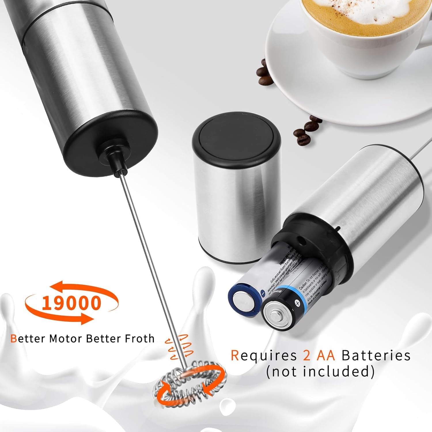 Milk Frother Handheld Electric Foam Maker With Stainless Steel Whisk Battery Operated view 2