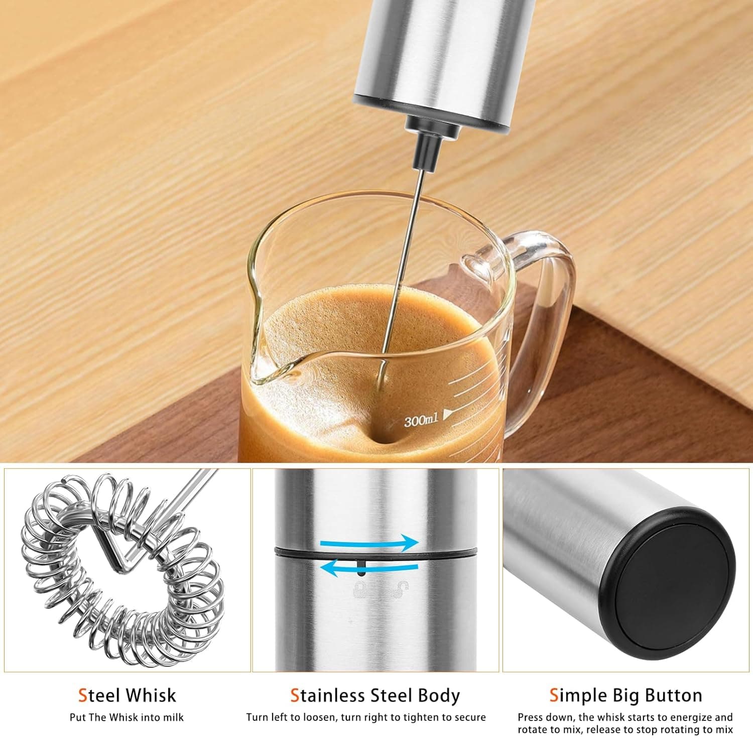 Milk Frother Handheld Electric Foam Maker With Stainless Steel Whisk Battery Operated view 3