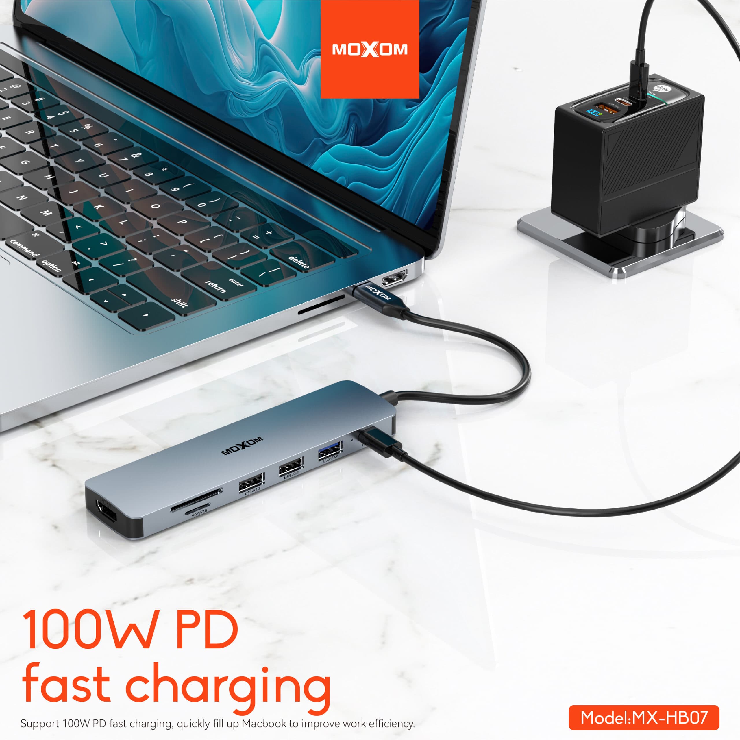 Moxom HX-HB07 7 In 1 USB 3.0 Hub With 100W PD, SD/TFF Card Reader LED Indicators view 3