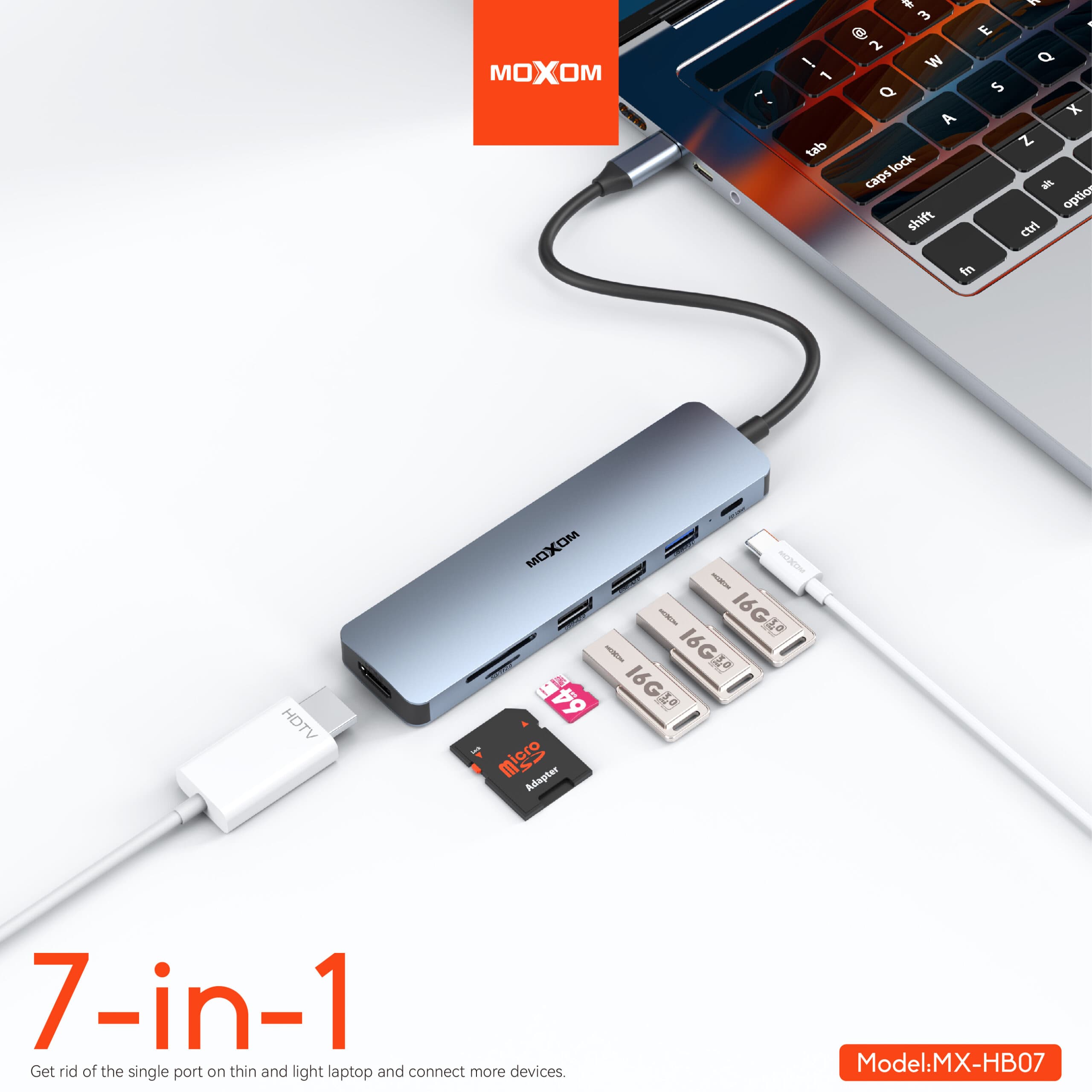 Moxom HX-HB07 7 In 1 USB 3.0 Hub With 100W PD, SD/TFF Card Reader LED Indicators view 4