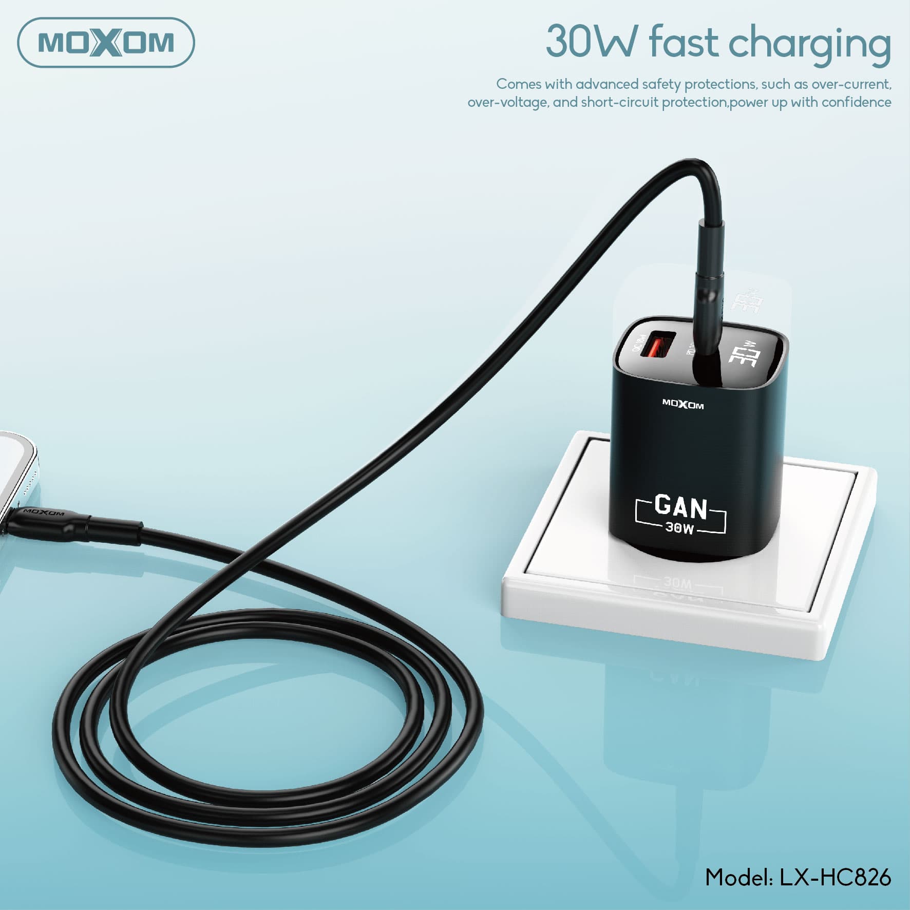 Moxom LX HC826 30 Watt GaN Charger Digital Display With Type C Cable view 3