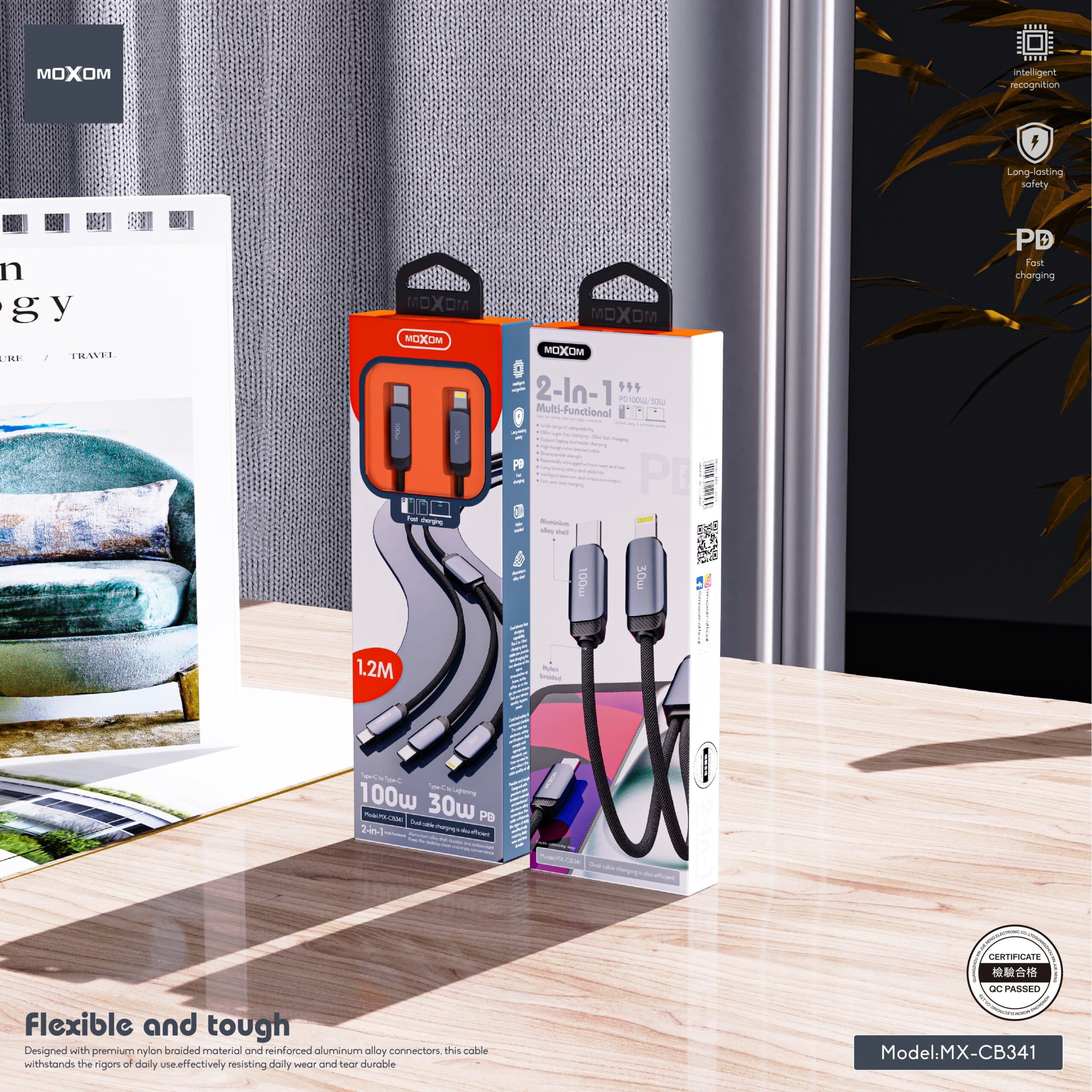 Moxom MX-CB341 PD100W/30W Meter Fast Charging Data Cable (Type-C to C & Lightning, 1.2m) view 5