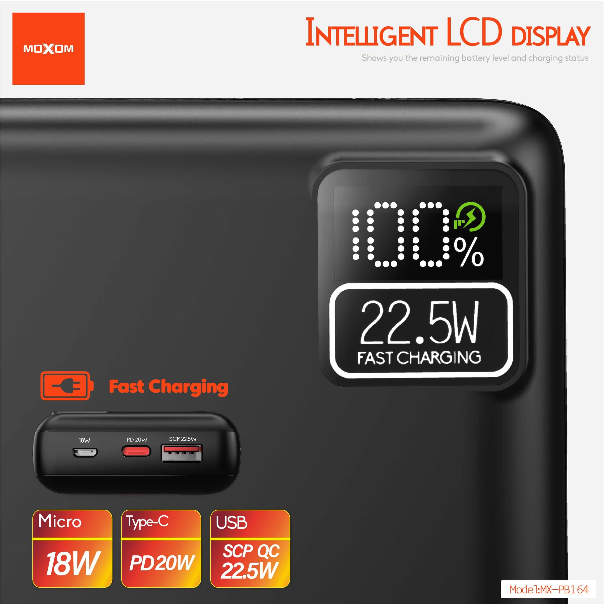 MOXOM MX-PB164 PD20W QC/SCP22.5W 20000mAh Powerbank Intelligent LCD Display view 2