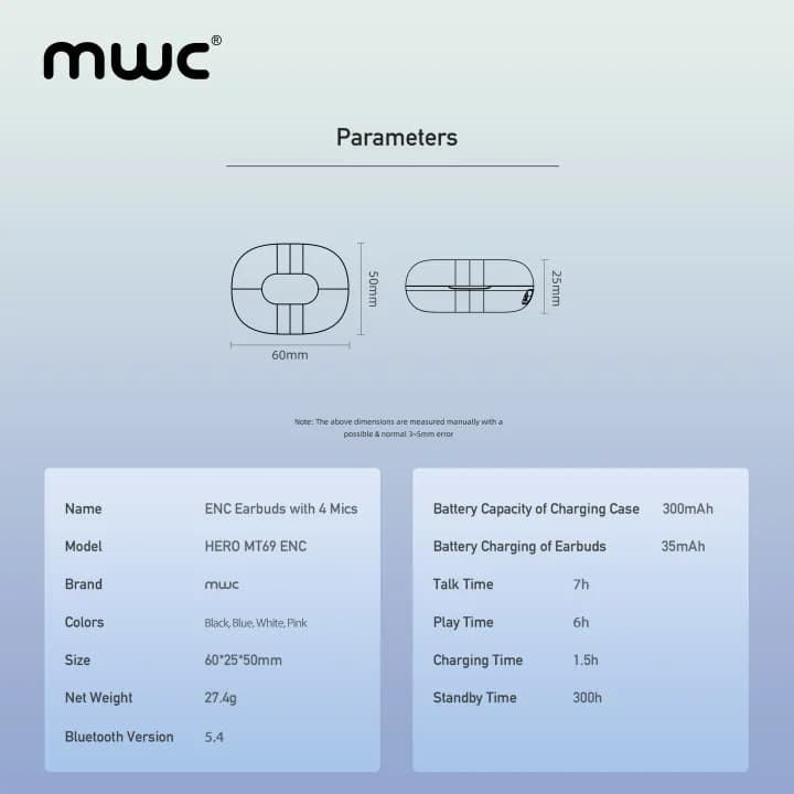 MWC Hero MT69 ENC AI Bluetooth 5.4 Gaming TWS EarbudsIPX6 Water Resistant 40H Playback view 3