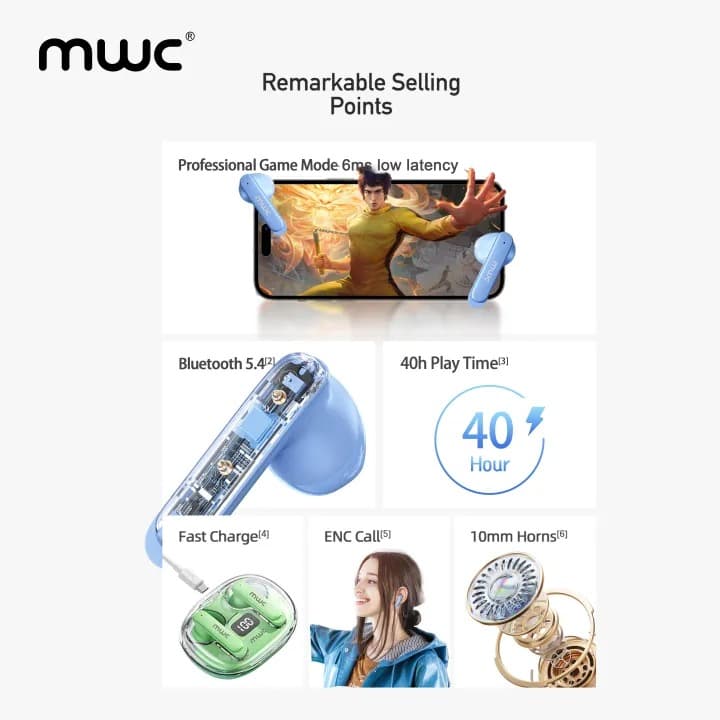 MWC Hero MT69 ENC AI Bluetooth 5.4 Gaming TWS EarbudsIPX6 Water Resistant 40H Playback view 6
