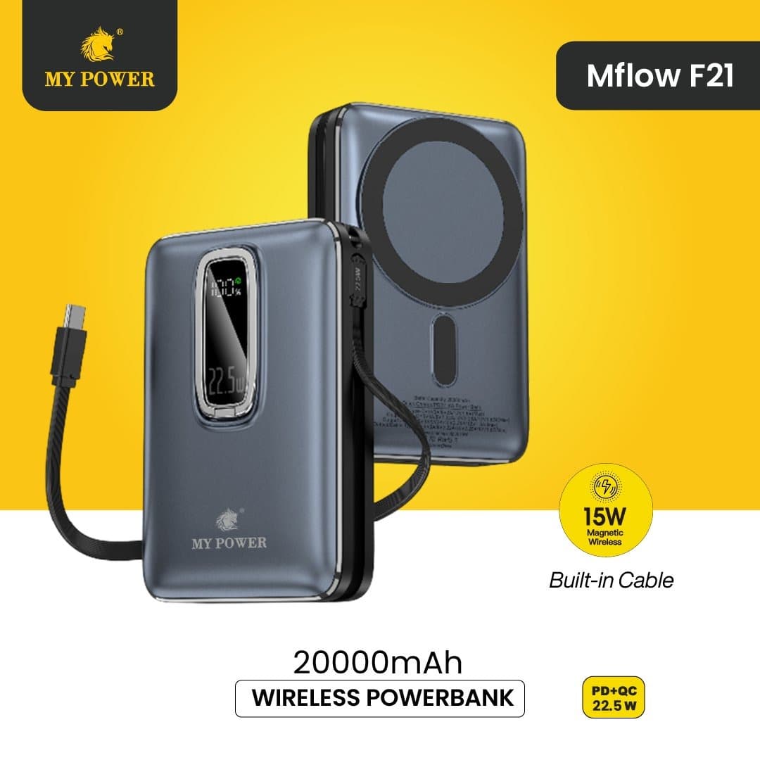 Mypower Mflow F21 Wireless Powerbank 20000mah With Built In Cable view 1