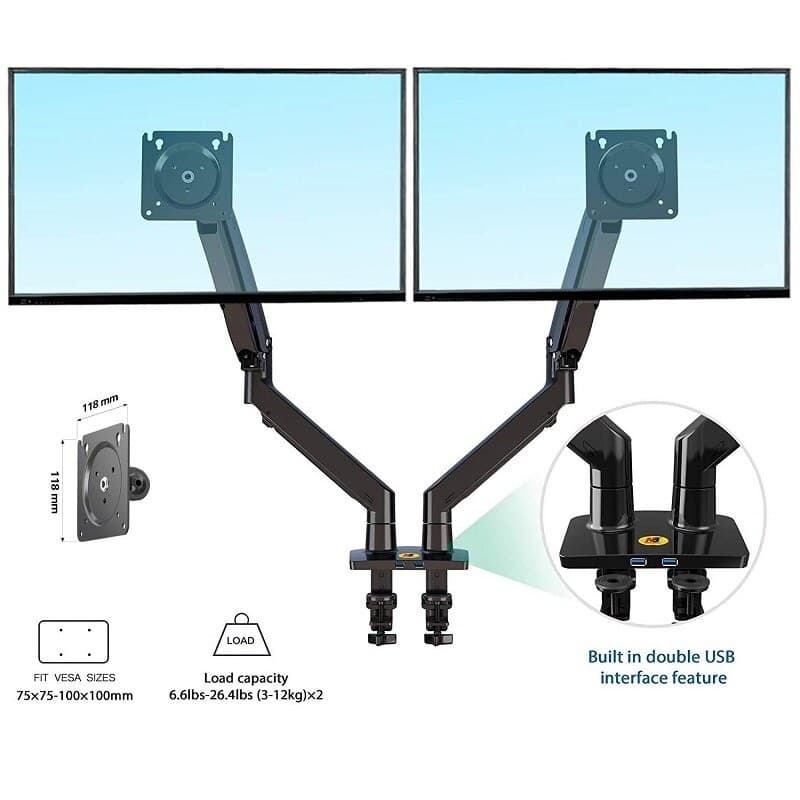 NB North Bayou F195A Full Motion Dual LCD LED Monitor Mount Gas Spring Arm view 2
