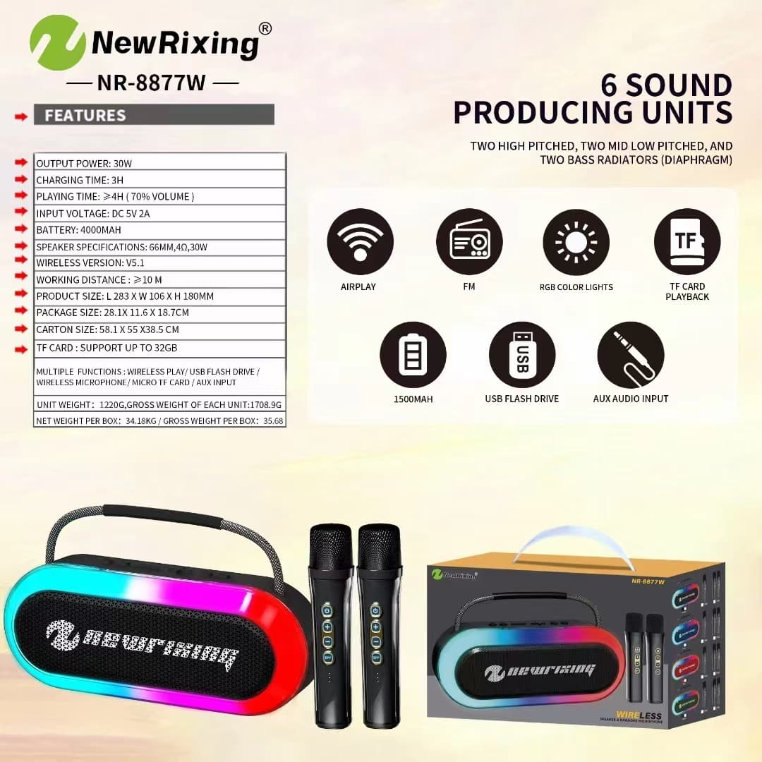 New Rixing NR-8877W Portable RGB Bluetooth Speaker with Dual Wireless Microphones view 4