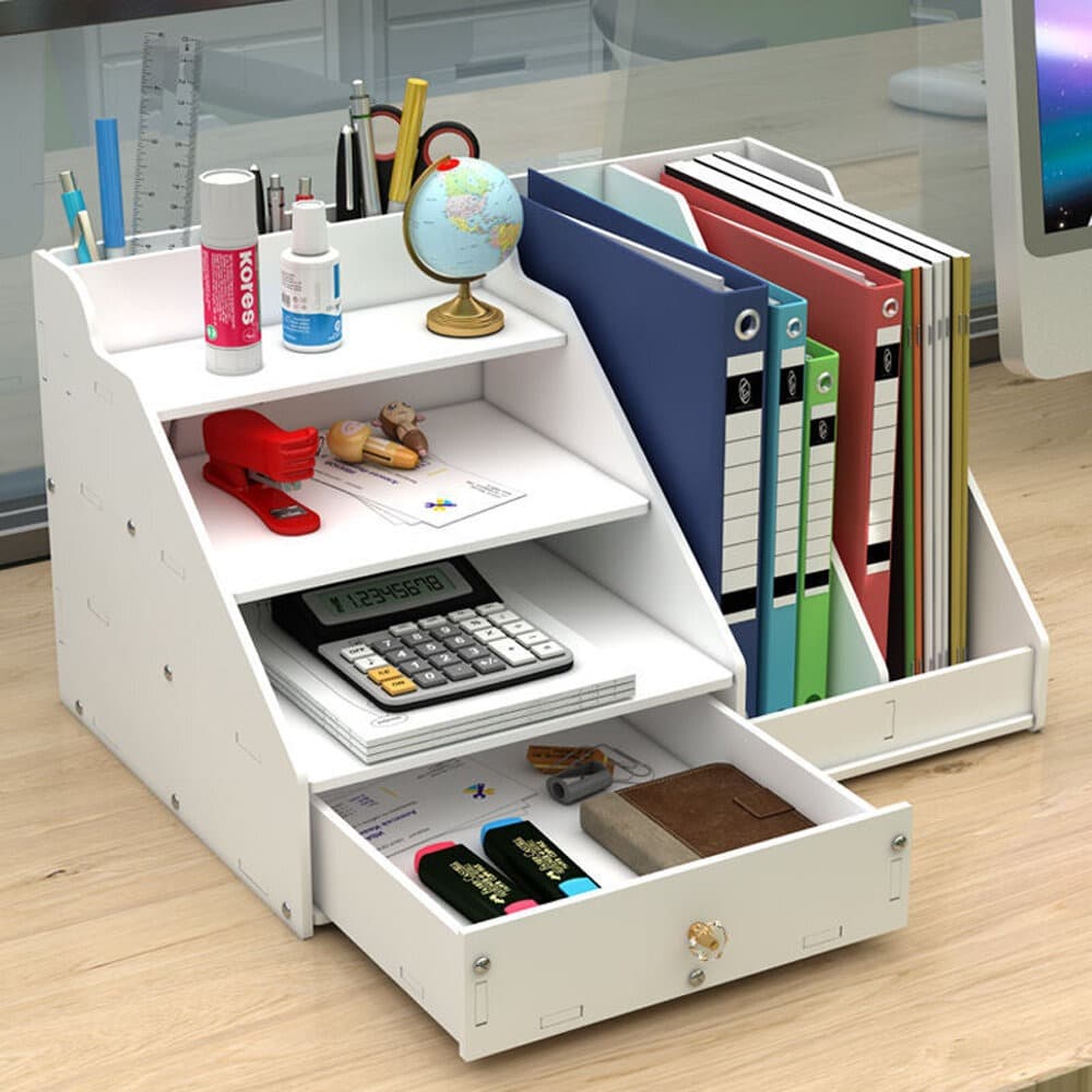 Office Desktop Vertical Storage Organizer Rack With Drawer For Home And Workplace Desk Setup view 1