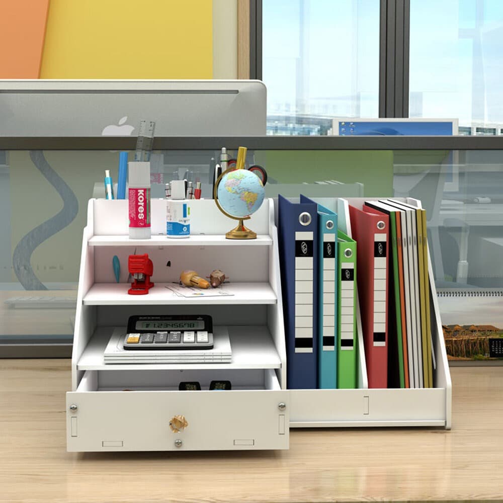 Office Desktop Vertical Storage Organizer Rack With Drawer For Home And Workplace Desk Setup view 2