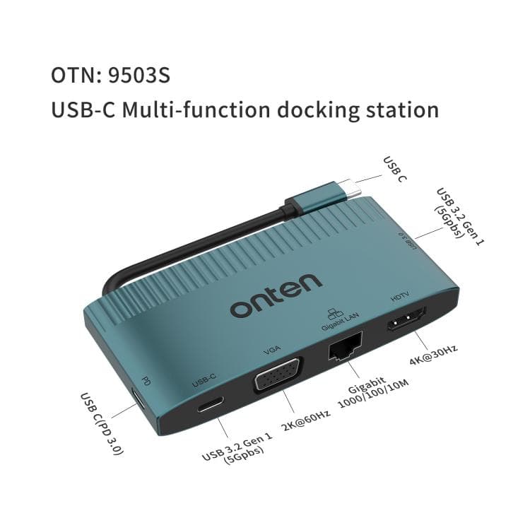 Onten 9503S 6 In 1 USB-C Multi Function Docking Station HDMI+VGA+RJ45 (Gigabit) +USB-C (Data)+USB-C (PD 3.0)+USB 3.0 view 3