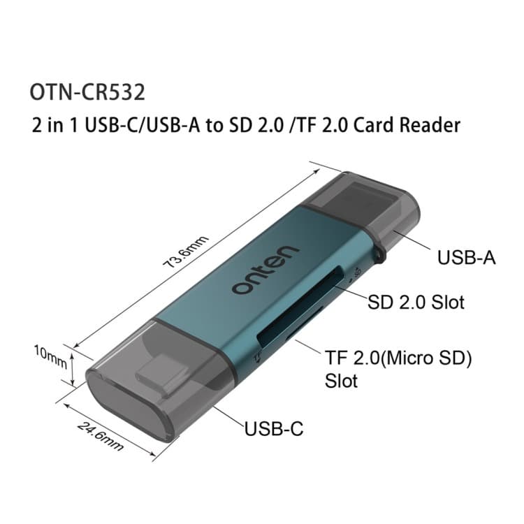 Onten CR532 2 in 1 USB-A/USB-C To SD2.0 / TF2.0 USB Card Reader view 3