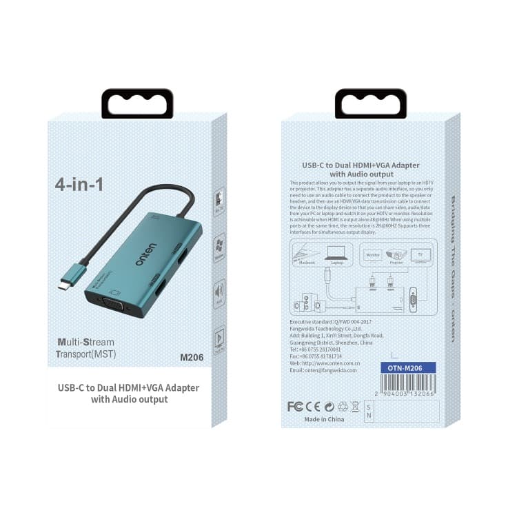 Onten M206 4K 60Hz 4 in 1 Type-C to Dual HDMI + VGA + 3.5mm Video Converter Adapter view 4