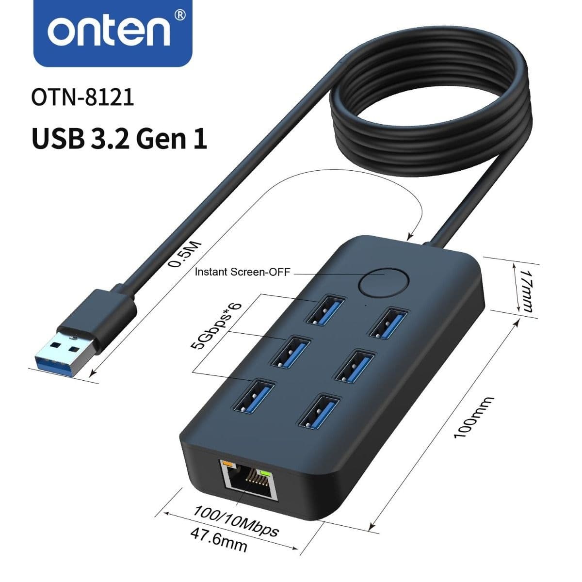 Onten OTN 8121 USB 3.2 Gen 1 6-Port 5G Hub with Ethernet card and One-click Lock Screen Button view 2
