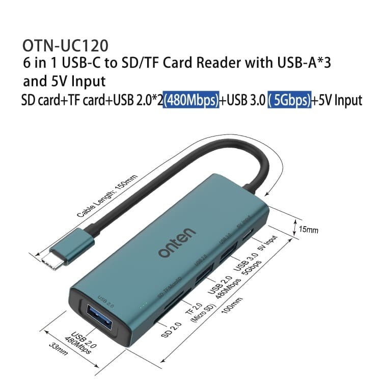 Onten UC120 6 In 1 USB-C To SD / TF Card Reader With 3-Ports USB HUB & 5V Input view 4