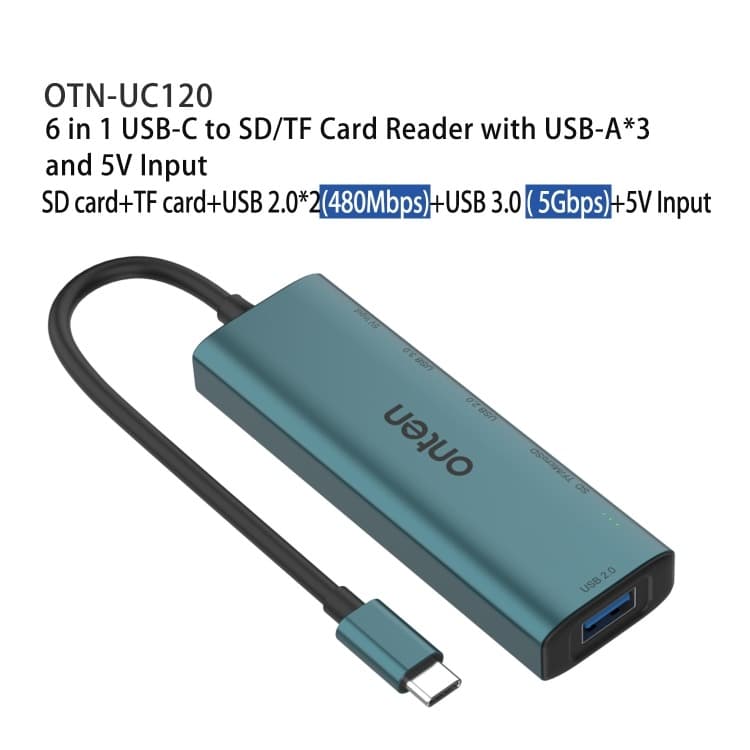 Onten UC120 6 In 1 USB-C To SD / TF Card Reader With 3-Ports USB HUB & 5V Input view 3