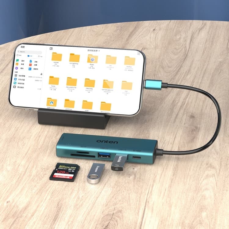 Onten UC120 6 In 1 USB-C To SD / TF Card Reader With 3-Ports USB HUB & 5V Input view 1