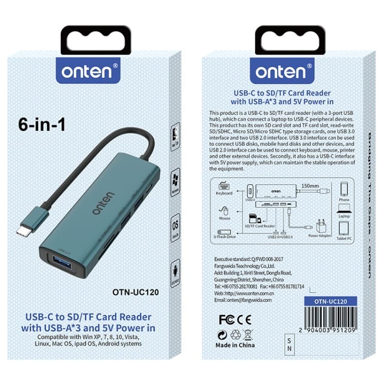 Onten UC120 6 In 1 USB-C To SD / TF Card Reader With 3-Ports USB HUB & 5V Input view 5