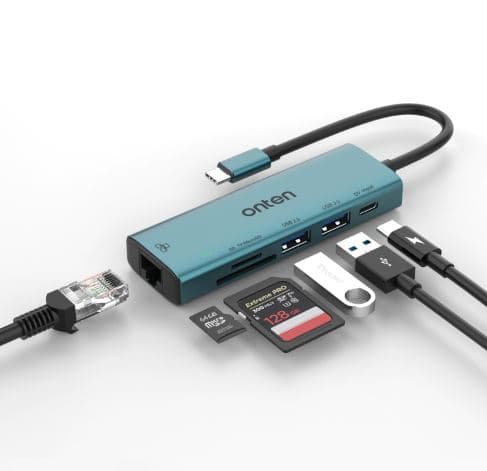 Onten UC122 6 In 1 USB-C / Type-C To SD + TF Card + USB 3.0 HUB With 5V Input & 100Mbps Network Card view 1