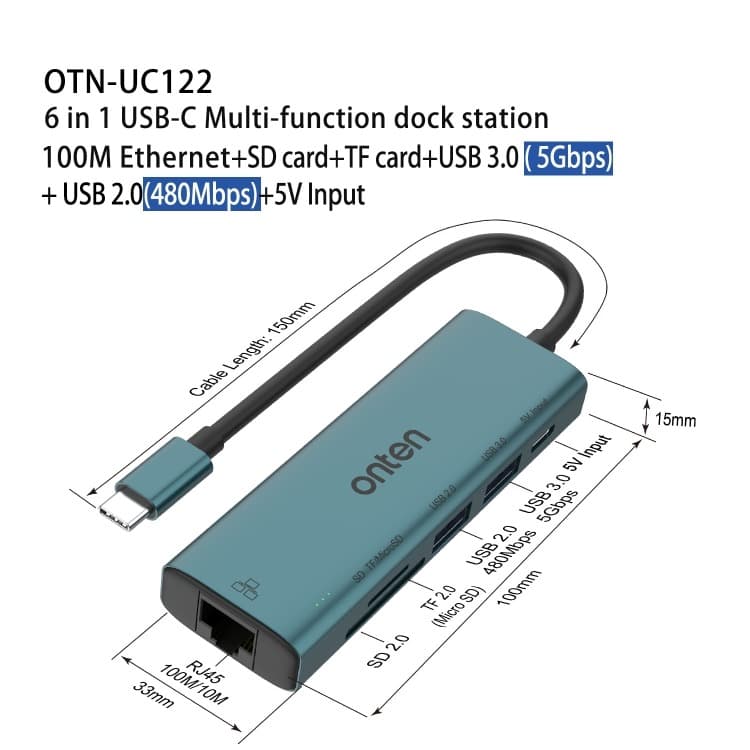 Onten UC122 6 In 1 USB-C / Type-C To SD + TF Card + USB 3.0 HUB With 5V Input & 100Mbps Network Card view 2