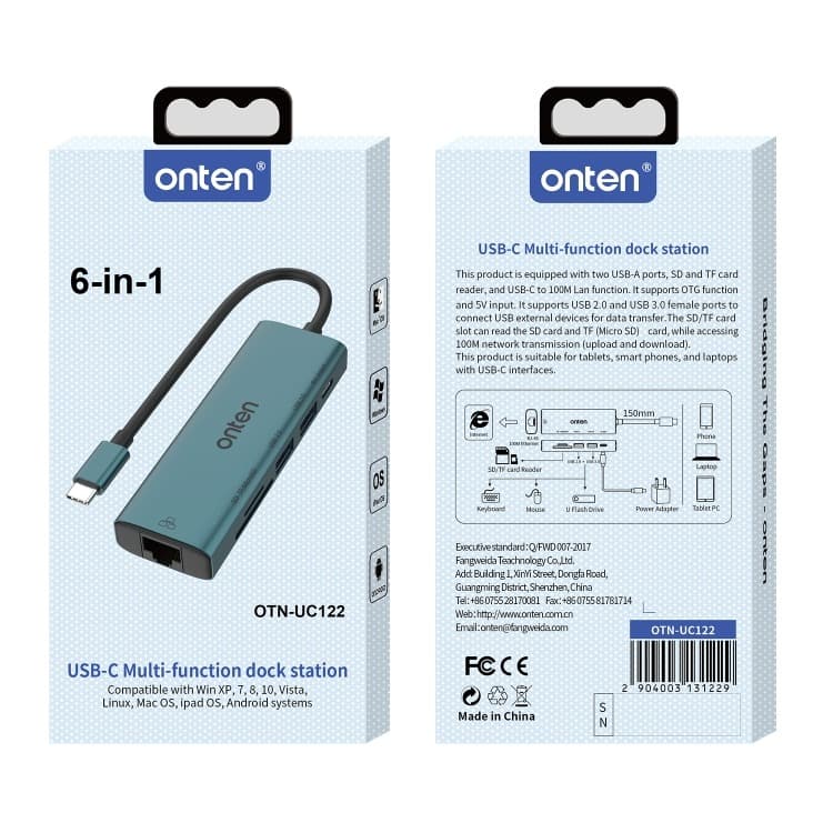 Onten UC122 6 In 1 USB-C / Type-C To SD + TF Card + USB 3.0 HUB With 5V Input & 100Mbps Network Card view 4