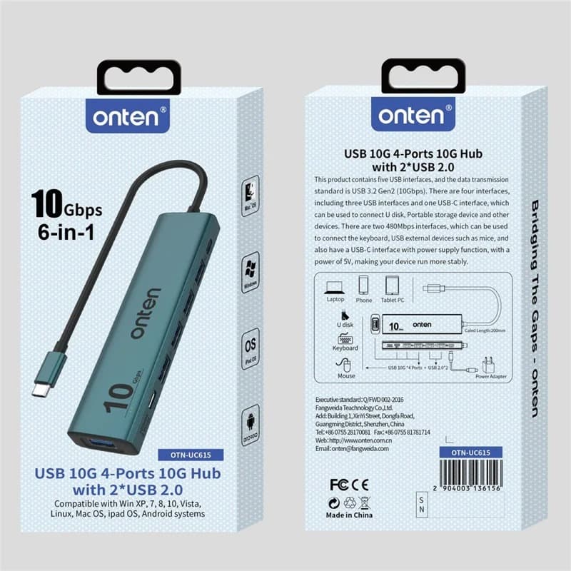 Onten UC615 USB-C Hub 4 x USB3.2 Gen2 + 2 x USB-A + USB-C Power Port Adapter view 5