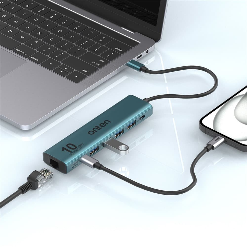 ONTEN UC616 USB-C to Gigabit Ethernet Adapter 3 USB3.2 Gen2 + 2 USB2.0 + USB-C Power Port Hub view 1