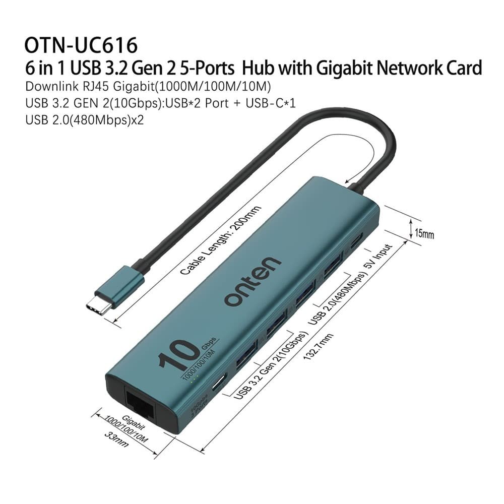 ONTEN UC616 USB-C to Gigabit Ethernet Adapter 3 USB3.2 Gen2 + 2 USB2.0 + USB-C Power Port Hub view 4