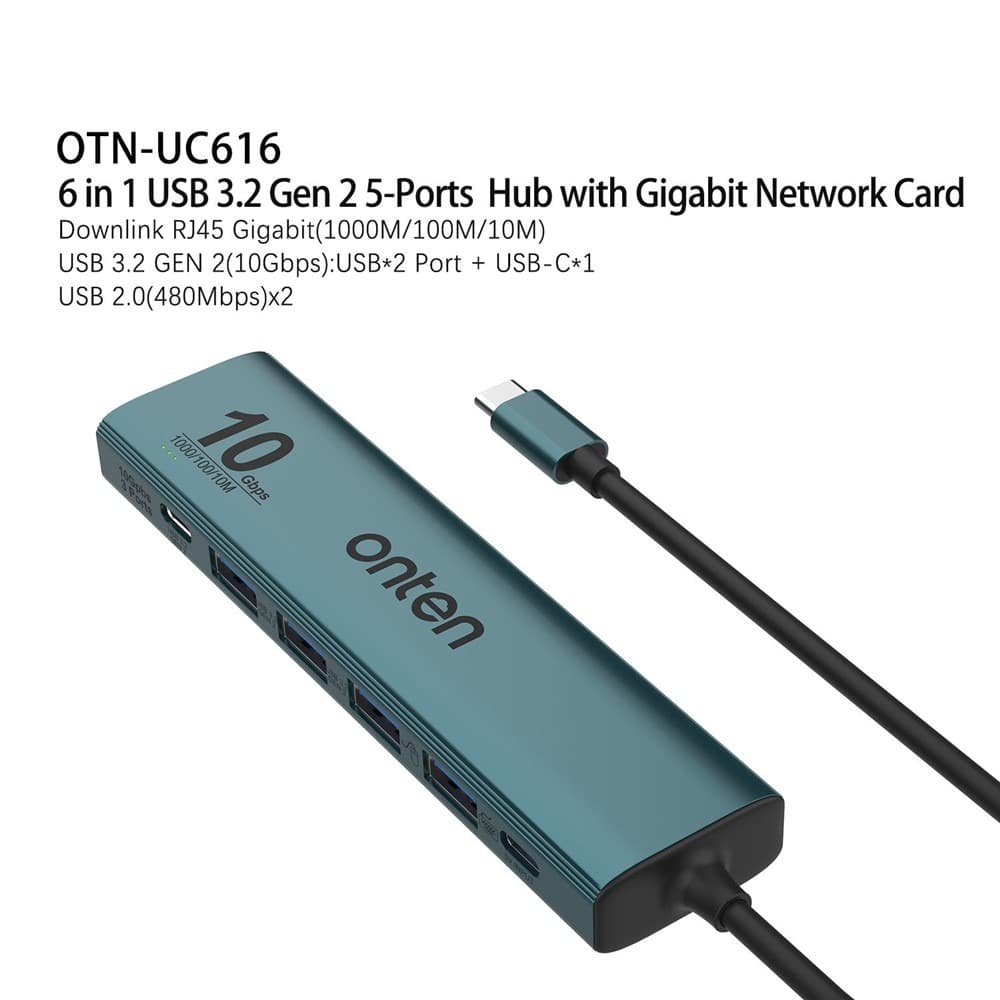 ONTEN UC616 USB-C to Gigabit Ethernet Adapter 3 USB3.2 Gen2 + 2 USB2.0 + USB-C Power Port Hub view 2
