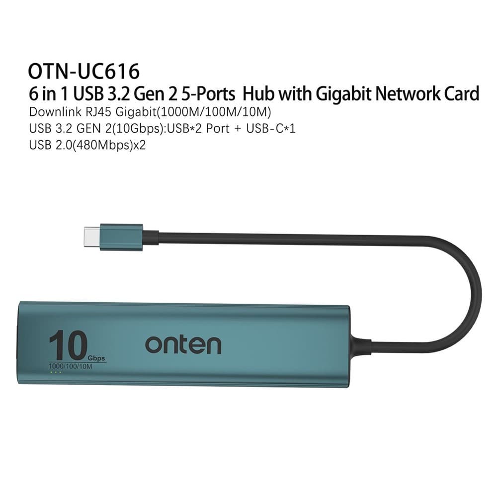 ONTEN UC616 USB-C to Gigabit Ethernet Adapter 3 USB3.2 Gen2 + 2 USB2.0 + USB-C Power Port Hub view 3