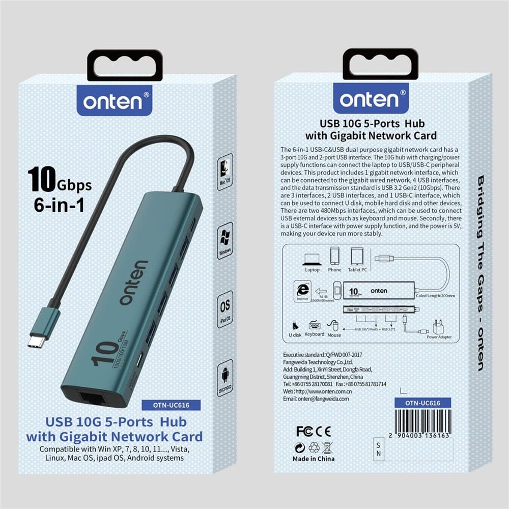 ONTEN UC616 USB-C to Gigabit Ethernet Adapter 3 USB3.2 Gen2 + 2 USB2.0 + USB-C Power Port Hub view 5