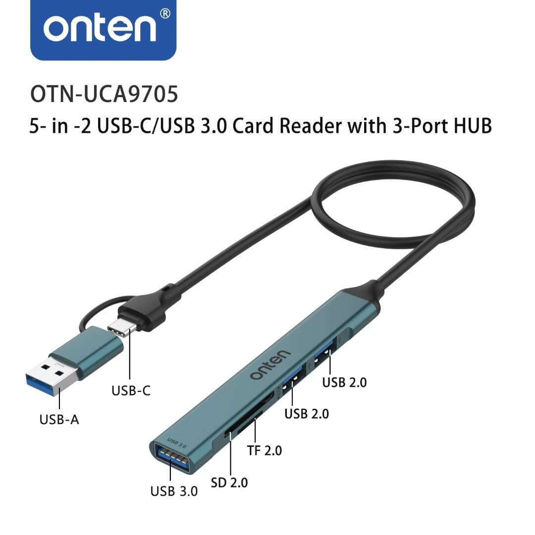 Onten UCA9705 5 In 2 Type-C / USB3.0 Card Reader With 3 ports USB HUB view 2