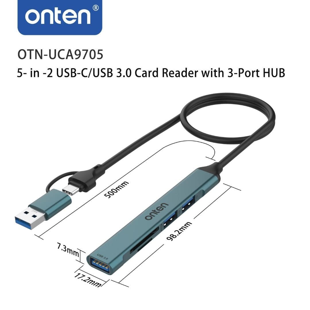 Onten UCA9705 5 In 2 Type-C / USB3.0 Card Reader With 3 ports USB HUB view 3