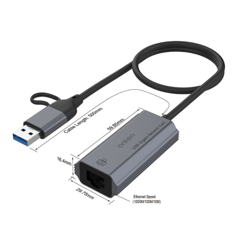 Onten UE101 2 in 1 USB3.0 Gigabit Network Card USB-C/Type-C to Network Port USB Hub view 3