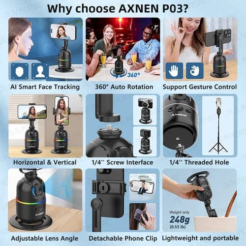 P03 Smart Auto Face Tracking AI Gimbal 360° Rotating Desktop Mount for Smartphones & Action Cameras view 4