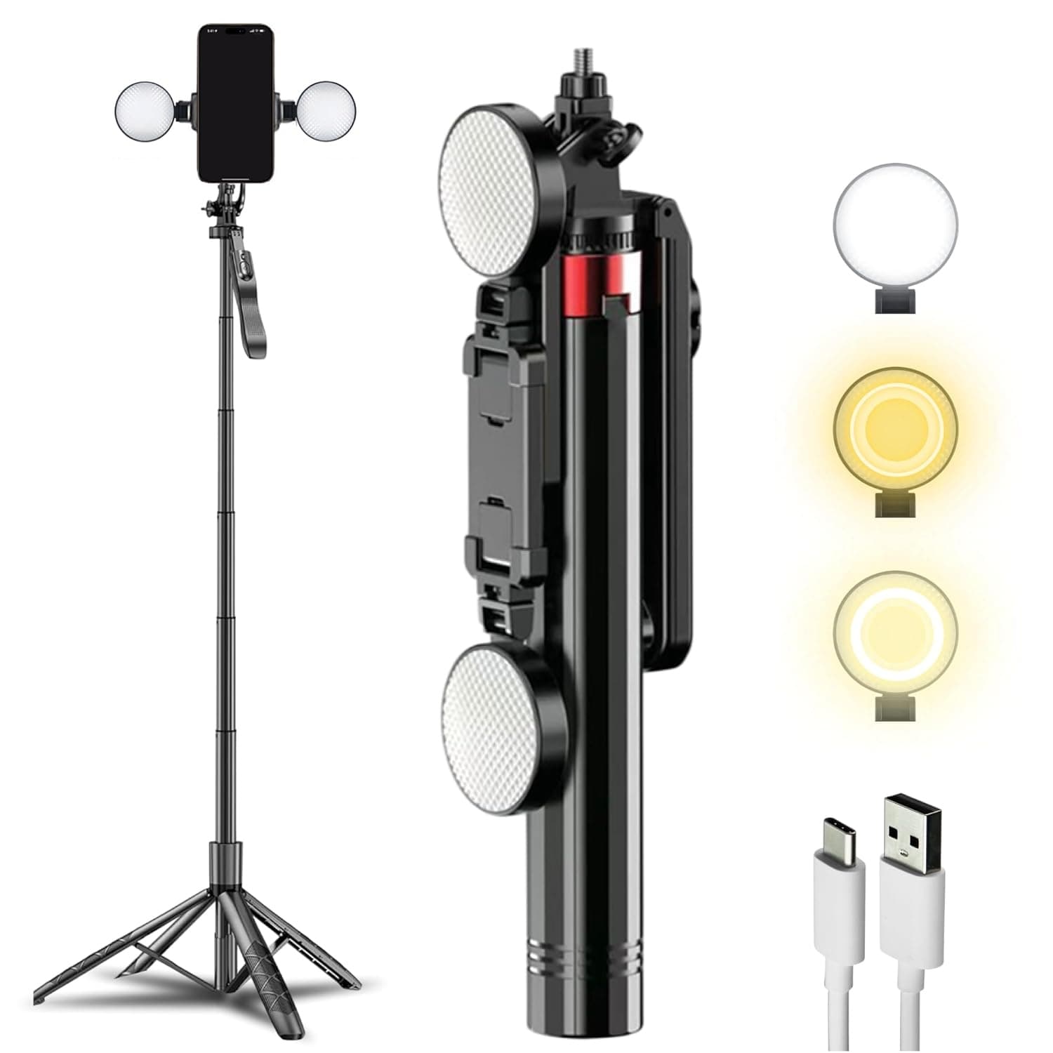 P185K 6ft Quadpod Selfie Stick Tripod With Dual Ring Lights & Bluetooth Remote view 1