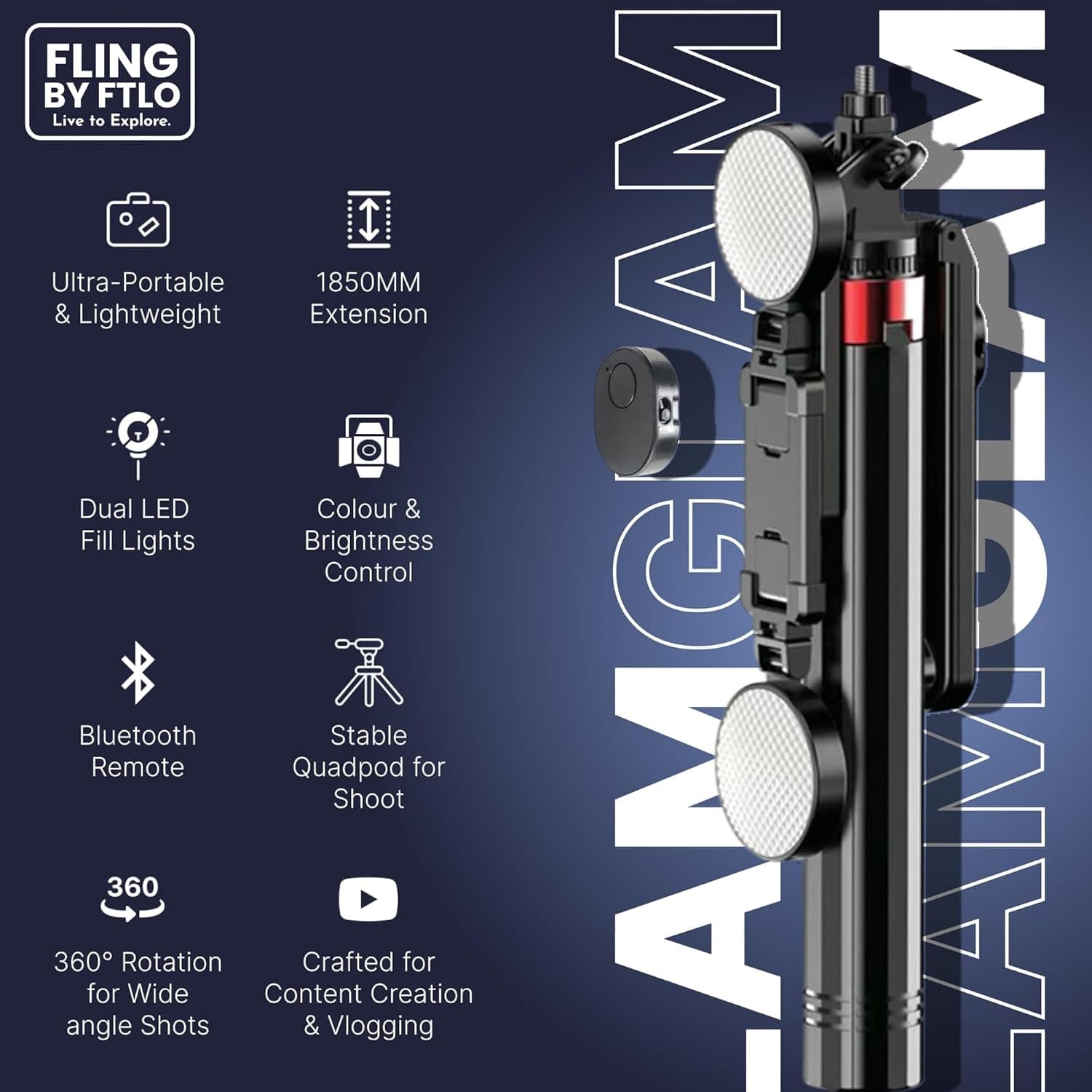 P185K 6ft Quadpod Selfie Stick Tripod With Dual Ring Lights & Bluetooth Remote view 6
