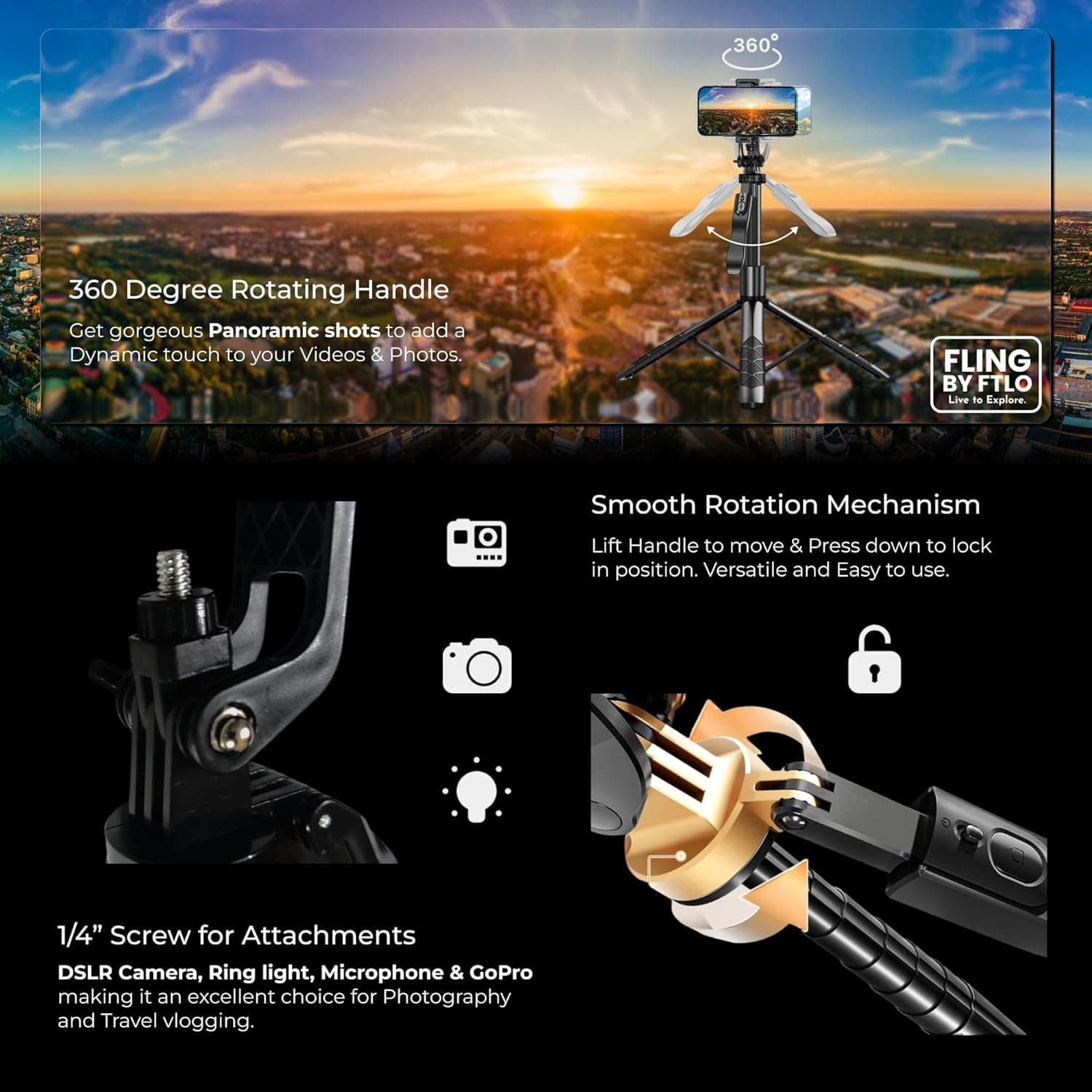P185K 6ft Quadpod Selfie Stick Tripod With Dual Ring Lights & Bluetooth Remote view 3