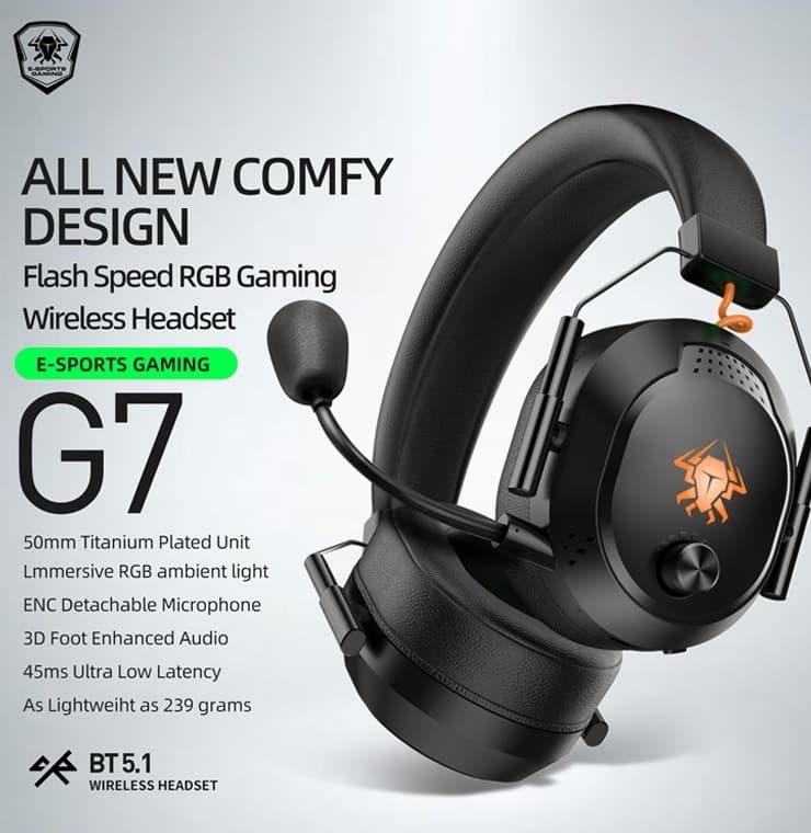 Plextone G7 RGB Chroma Wireless Bluetooth 5.1 Gaming Headset With ENC Detachable Mic view 1