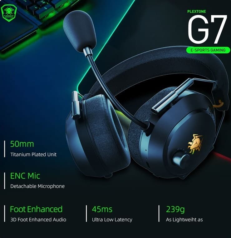 Plextone G7 RGB Chroma Wireless Bluetooth 5.1 Gaming Headset With ENC Detachable Mic view 3